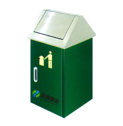 戶外三角型蓋綠色鋼制垃圾桶